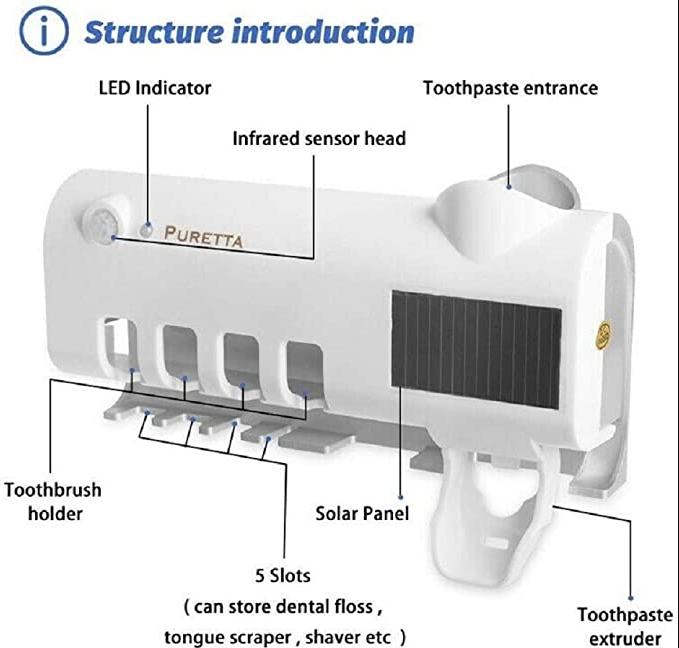 Esterilizador de Cepillo de dientes UV recargable solar Elimina 99.9% los Germenes