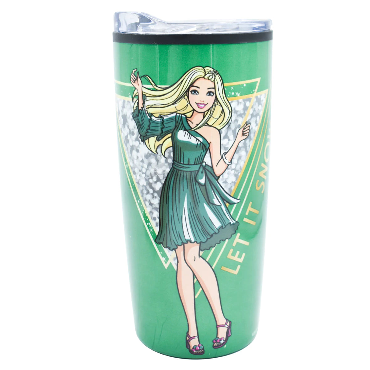 Termo Grande Doble Pared Acero Inoxidable Barbie Mattel Verde Esmeralda con Tapa Deslizable Transparente 450 mililitros