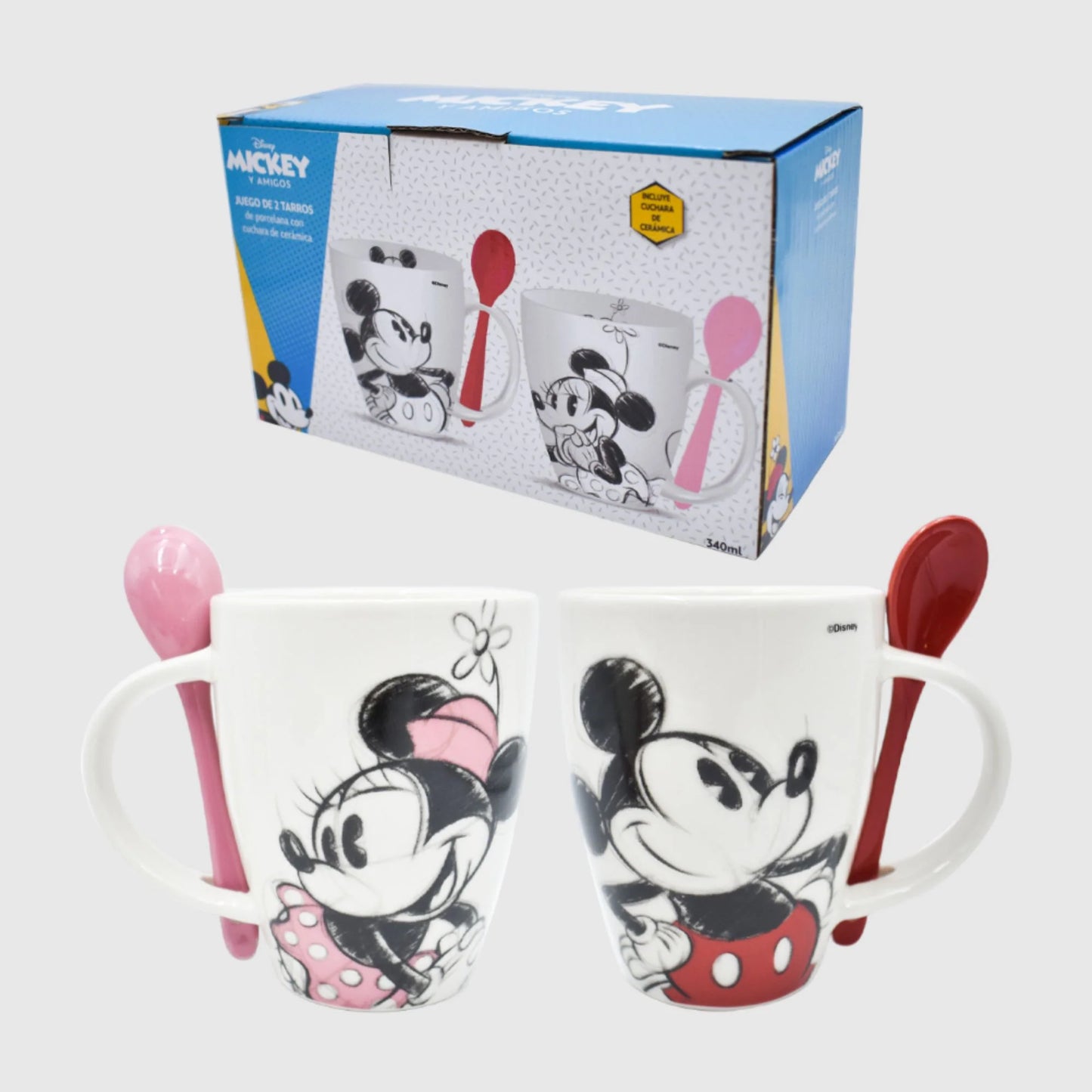 Juego Set tazas con cucharas Fun Kids Mickey & Minnie Mouse Ceramica 340ml