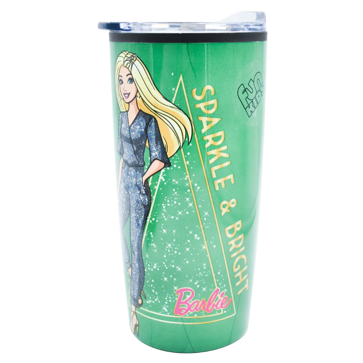 Termo Grande Doble Pared Acero Inoxidable Barbie Mattel Verde Esmeralda con Tapa Deslizable Transparente 450 mililitros