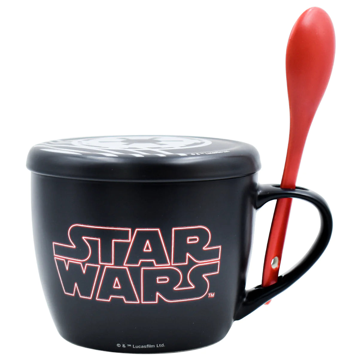Taza Tarro Jumbo Negro con Tapa y Cuchara Fun Kids Disney Lucas Film Star Wars Darth Vader Porcelana 580ml
