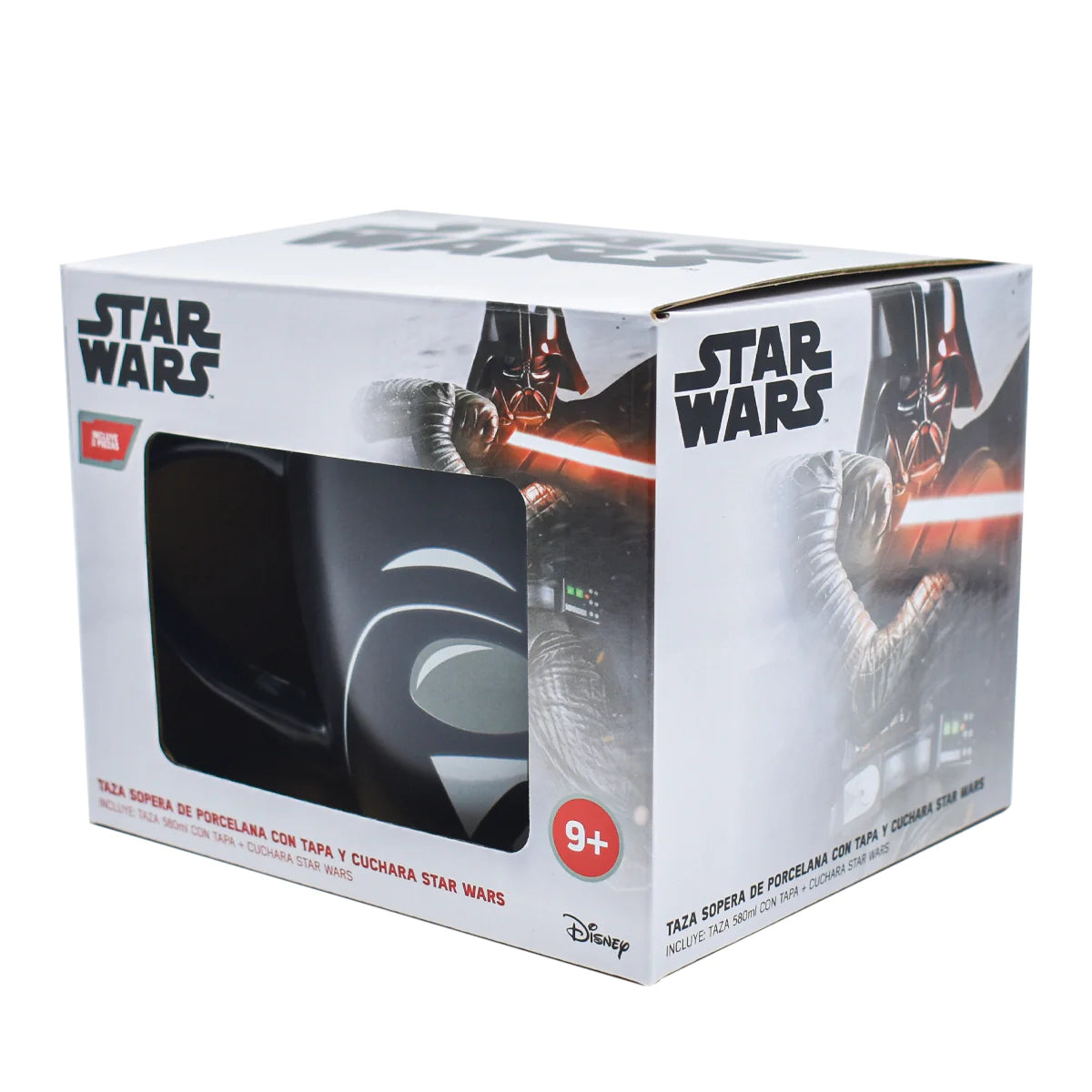 Taza Tarro Jumbo Negro con Tapa y Cuchara Fun Kids Disney Lucas Film Star Wars Darth Vader Porcelana 580ml