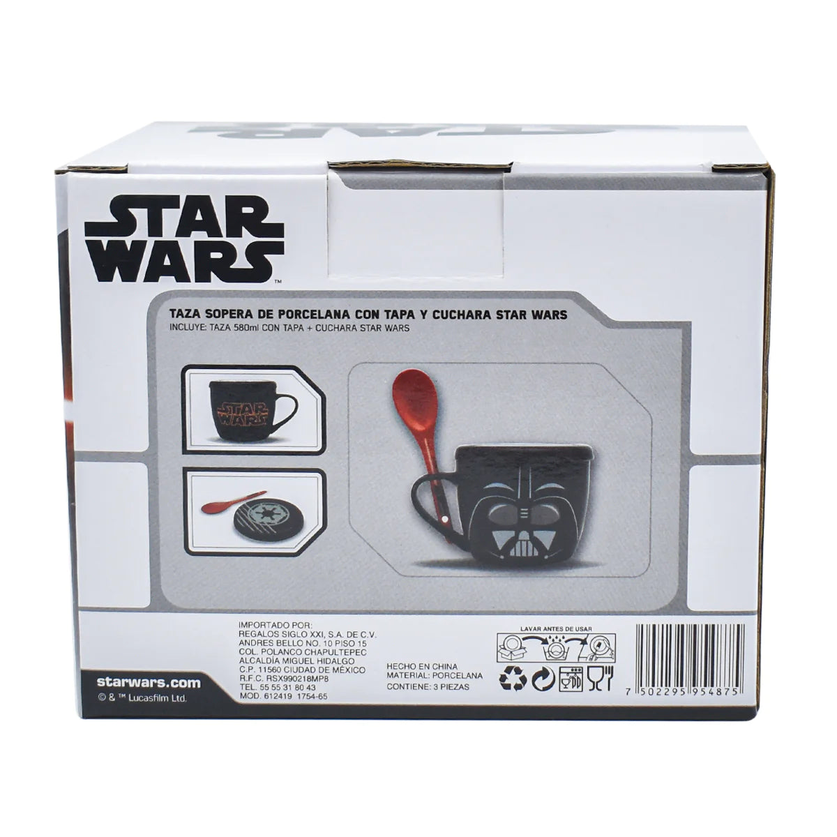 Taza Tarro Jumbo Negro con Tapa y Cuchara Fun Kids Disney Lucas Film Star Wars Darth Vader Porcelana 580ml