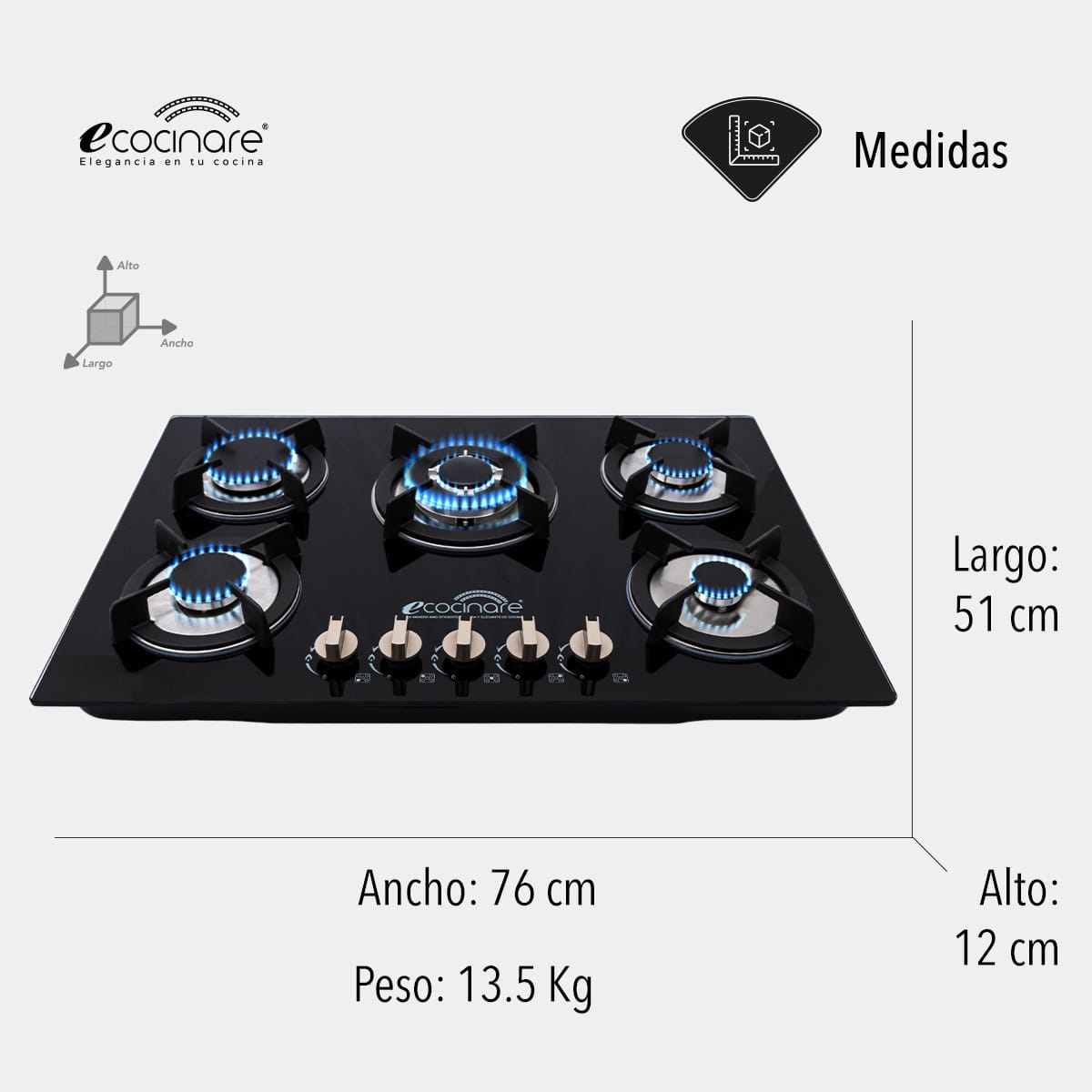Estufa Parrilla Empotrable De 5 Quemadores De Cristal Templado