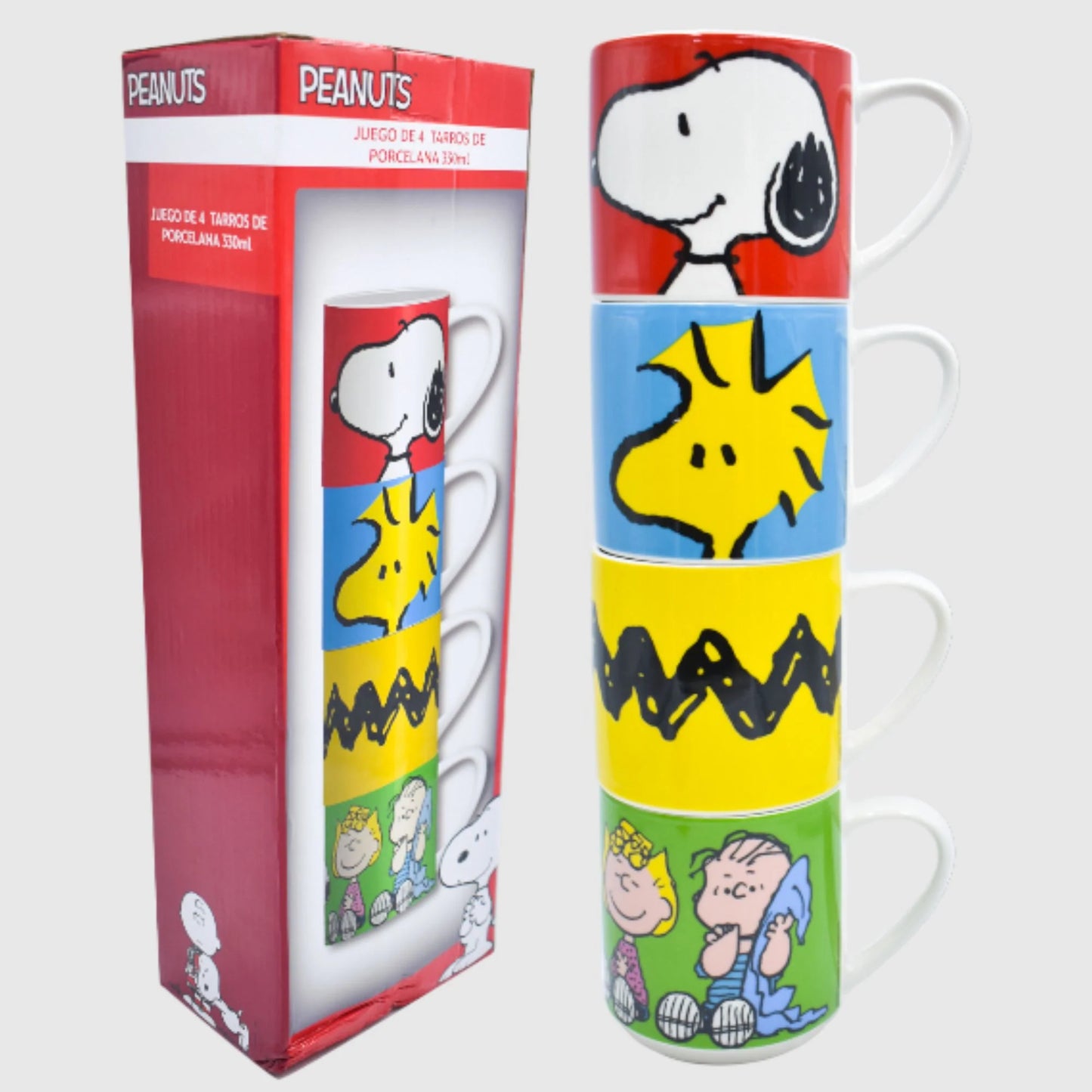 Set Juego Tazas Apilables Fun Kids Peanuts Charly Brown Snoopy Porcelana 330ml 4pzas