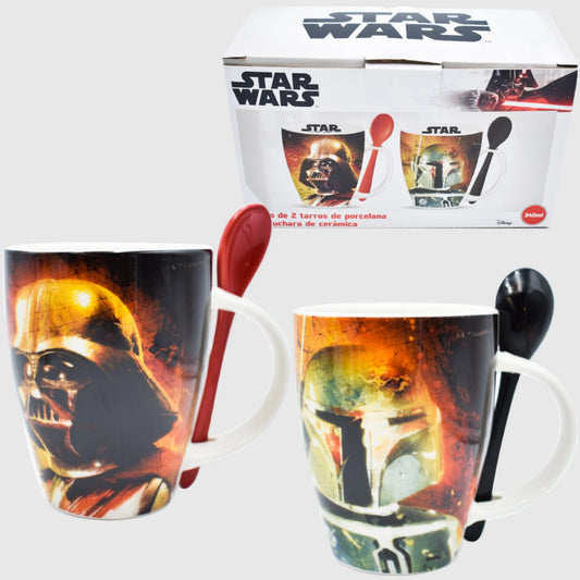 Juego Set Tazas con Cuchara Fun Kids Disney Lucas Film Star Wars Darth Vader Boba Fett 340ml 2pzas