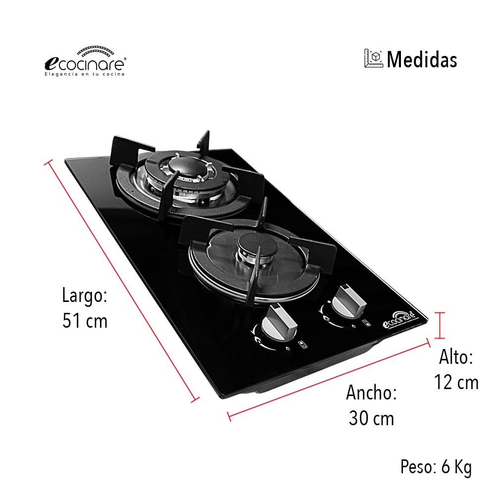 Estufa Parrilla De Gas De 2 Quemadores De Cristal Templado ECOCINARE