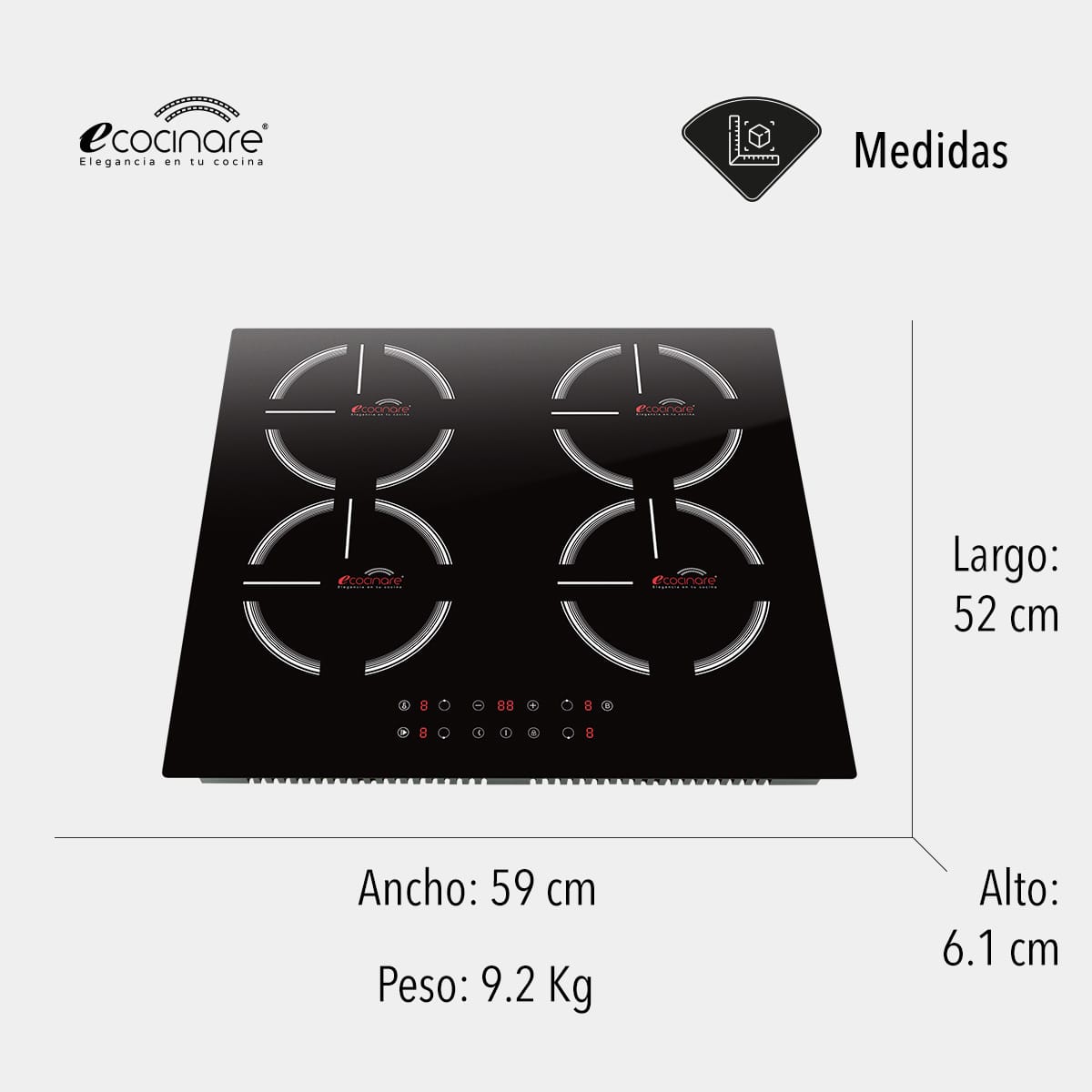 Estufa Parrila De Inducción Magnética De 4 Quemadores Cristal ECOCINARE