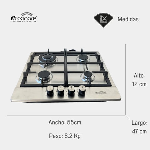 Estufa Parrilla Empotrable De Gas Acero Inoxidable 4 Quemadores ECOCINARE